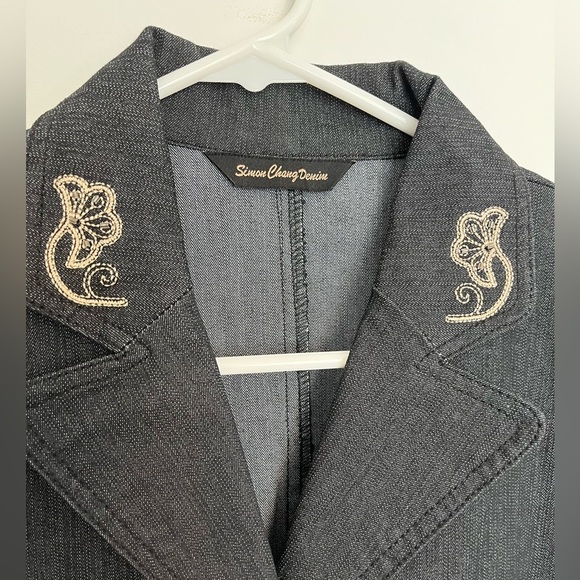 Simon Chang Embroidered Black Denim Blazer Jacket Size 8 - Picture 4 of 10